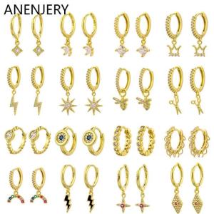 anenjery | ANENJERY Fashion Zircon Star Moon Earrings For Women Man Hip Hop Pendant Hoop Dangle Earrings Jewelry Gift Wholesale