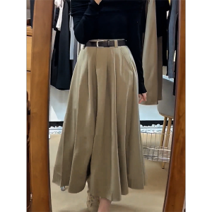 Loose Drapey Kaki Color Half-length Skirt Womens High Waist Autumn New Style Korean Version Large Swing Skirt for Ladies