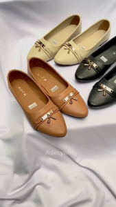 Sepatu Flat Wanita V-Lonce Elegan Kulit Asli Warna Hitam Moka Asap - Gaya Slip-On Kerja Trendi