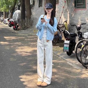White Slim Wide Leg Denim Jeans Womens Spring Autumn High Waist Straight Cut Pants Casual Style Water Washed High Waist Loose Fit