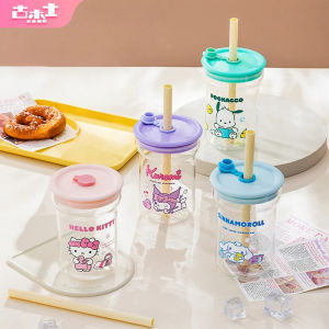 For Sanrio Straw Glass Cups Kawaii for Hello Kitty Printing Clear Water Cup with Lid Home Office Chilled Juice Soda Mug for Girl