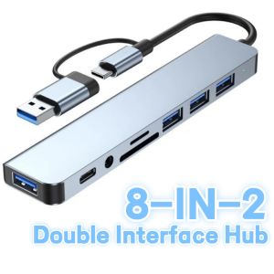 8-in-2 USB Type-C Docking Station Hub Adapter With 3.5mm Audio Jack Micro SD Card Reader Compatible With Laptops Tablets