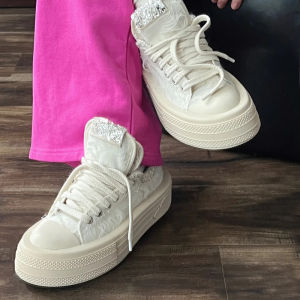 XiaoYi Lin Thick Bottom Platform Canvas Shoes Womens Spring New Style Casual Versatile White Sneakers Fashionable Leisure Board Shoes