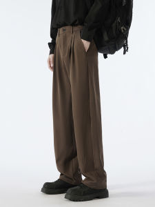 Mens Straight Leg Casual Trousers Autumn Winter Drapey Pants Wide Leg Suit Pants Fleece Lined Premium Feel Long Trousers