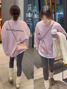 Pink Fleece Lined Thickened Sweatshirt Womens Autumn Winter Fashionable Casual Style round Neck Long Sleeve Mid-Length Top