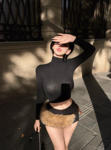 Slim Fit High Collar Long Sleeve Base Shirt Womens Style Trendy Thin Layering Top Short Length Solid Color Casual Tee