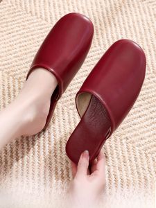 DTHN | Genuine Leather Slippers Indoor Home Use Sheepskin Slip-On Spring Anti-Slip Silent Covered Head Home Shoes For Men And Women
