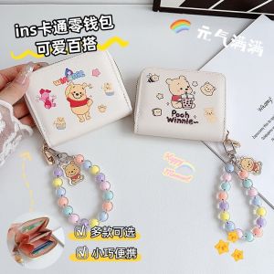 Winnie the Pooh Kids Coin Purse Card Holder Integrated Cute Cartoon INS Style Pendant Anti-Loss Short Wallet Horizontal PU Leather