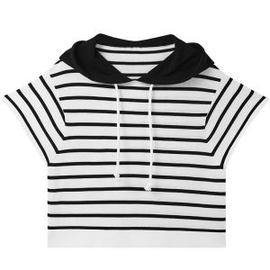 SOLWEIGE | SOLWEIGE High Density Twist Cotton Yarn Comfortable No Pressure Elastic Color Block Hat Short Knitted T Shirt Striped Design