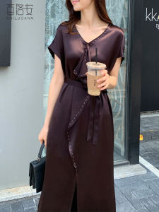 BAILUOANN | Elegant V-neck Long Acetate Dress With Pleated Sides High Waist Tied Summer New Style Womens Skirt By Biloan Commute Style