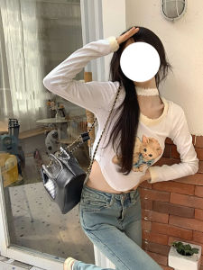 Fall Slim Fit Slim Looking Asymmetrical Cat Printing White T-shirt Tops Womens Pure Desire Style Halterneck Inner Bottoming Shirt