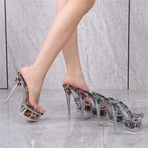 YUCHEN 5.51 inches High Heels Mules for Women With Heels Sandals Ladies Model Stiletto Leopard Transparent High Heeled Sippers Shoes Size 34-39