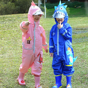 ไดโนเสาร์น่ารักสไตล์เด็ก Jumpsuits Rain Coat กันน้ําโพลีเอสเตอร์เสื้อกันฝนเด็ก Rainwear และกางเกงฝนชุดสําหรับเด็ก