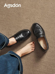 Agsdon Womens Thick Heel Loafers Black Casual round Toe Rubber Outsole Comfortable Fashionable All-Match Autumn Commute Shoes