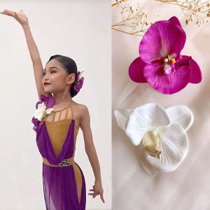 Standard Ballroom Dancing Accessories White Phalaenopsis Flower Hairpin Corsage Headdress Art Grading Performance Purple Hair Accessories for Women
