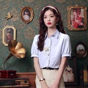 AMMIN 2025 Summer New Fashion Exquisite Positioning Embroidery Floral Design Short Sleeve Chiffon Shirt Womens Korean Style Single Breasted Design Short Sleeve Commuter Elegant Blouse