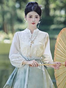 New 2024 Womens Han Elements Embroidered Chiffon Shirt Matching Skirt Set Chinese Style National Trend Straight Tube Blouse