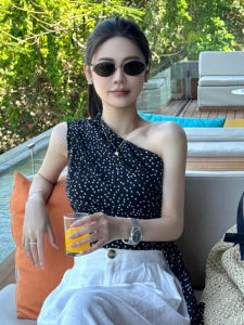 Retro Black Polka Dot Shoulder Sleeveless Vest Womens Summer Slim-Fit Lace up Inner Wear off-Shoulder Pure Desire Tops Outerwear