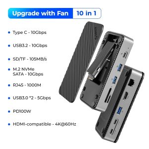 ORICO DPM2P9 USB C HUB with Cooling Fan M.2 NVMe SSD Enclosure External 10Gbps 4K60Hz HDMI-Com RJ45 SDTF Docking Station