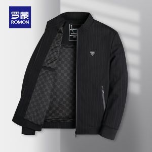 ROMON | Lormen Mens Administrative Jacket Coat Spring Autumn Style Dad Business Casual Striped Stand Collar Shirt Polyester Fiber