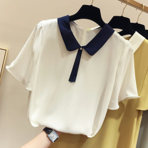 Áo Sơ Mi Voan Tay Ngắn Cổ Polo Thời Trang Nữ Cài Nút Đính Hạt Màu Trơn Thường Ngày Mùa Hè 2024 Chất Liệu Polyester