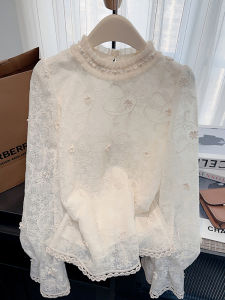 Áo Sơ Mi Ren Tay Dài Thêu Rỗng Thời Trang Xuân Thu Cho Nữ Áo Sơ Mi Cổ Tròn Dáng Rộng Chất Liệu Polyester Phong Cách Công Sở Trang Phục Công Sở