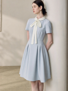 Roey s house | Youthful Peter Pan Collar Blue Waist Cinching Dress