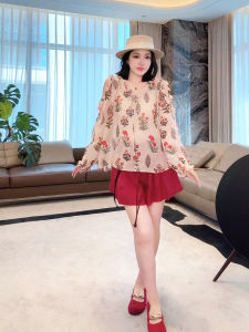 Me Home Yangs Private Collection 100% Flax Sundress Shoulder Bared Floral Print Long Sleeve Loose Fit round Neck Shirt