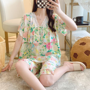 ชุดนอนผ้าป๊อปปลิ้นแบบไม่ต้องสวมชุดชั้นในสำหรับผู้หญิงกางเกงยาวปานกลางแขนสั้นแบบบางกันโป๊สำหรับฤดูใบไม้ผลิและฤดูร้อนชุดผ้าฝ้ายเทียมชุดใส่ในบ้าน
