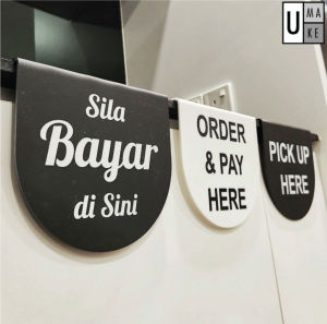 Order & Pay Here Sign | Pick up & Cashier Counter Signage for Restaurant Cafe Clinic - Matte Acrylic, Durable & Anti-scratch, Customizable Words - 18x15cm