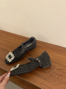 XIANNIWEI | Warm Lined Mary Jane Shoes Gray Water Drilled Chunky Heel
