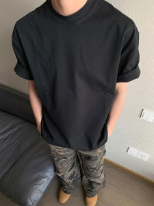 Heavyweight Black Cotton Short Sleeve T-Shirt Mens Summer Pure Cotton American Style Small Collar Five-Quarter Sleeve T-Shirt