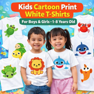 Kids White Cartoon Animal T-Shirt for Boys and Girls 1–8 Years Old | Soft Cotton-Spandex Pambahay Shirt Assorted Designs