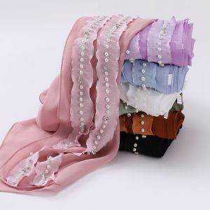 Jifang White Pearls Crystal Ruffle Lace Decor Plain Bubble Chiffon Pashmina Shawl Head Scarf Muslim Hijabs Tudung  WC40
