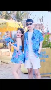 TW22324  set คู่รัก 3 ชิ้น เสื้อฮาวาย + เสื้อเกาะอก กับหมวกบัคเก็ต ..