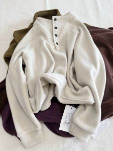 หนาขึ้น อุ่น เครื่องทําความร้อนด้วยตนเอง เสื้อสเว็ตเชิ้ต D09 ออสเตรเลีย ผ้าขนแกะ ปุ่มหมุดย้ํา ลำลอง ปกตั้ง แขนยาว ผู้หญิง ฤดูหนาว เสื้อผ้า