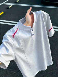 ZHUOCAN | American Embroidered Boxy Henley Neck Deconstructed Stitching Summer T-shirt