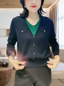 Tencel Mommy Knitted Sweater Womens Spring Autumn Thin Loose Fit Fake Two-Piece Base Shirt V-neck Long Sleeve Regular Length