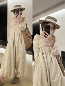 XUECAIQI | Korean Style Lace Hollow Knit Top Dungarees Set