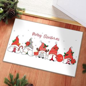 Tấm Thảm Chùi Chân Giáng Sinh Màu Trắng VIKAMA Với Ba Chiếc Mũ Kẻ Sọc Đỏ Thiết Kế Tomte Chào Mừng Lối Vào Thảm Trải Sàn Polyester Trang Trí Nhà Cửa Ngày Lễ