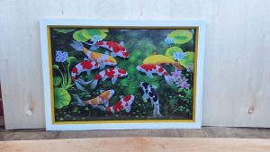hiasan dinding Lukisan cetak 9 ikan koi plus bingkai uk 45x65cm