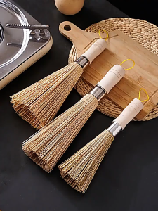 Sapu Wajan/Kuali Bambu Gagang Kayu 25CM + Sikat Pembersih Panci Alami / Kuas Pembersih Dapur Tahan Lama Bamboo Wok Brush Alat Kebersihan Rumah