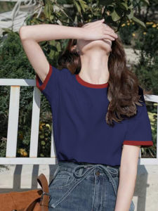 Áo Thun Tay Ngắn Màu Xanh Lam Phong Cách Hàn Quốc Cho Nữ Mùa Hè Rộng Rãi Thiết Kế Giảm Tuổi Áo Thun Sọc Áo Thun Cotton