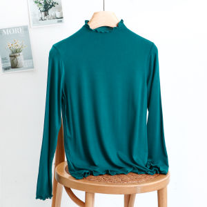 Slim Fit Long Sleeve T-Shirt Womens Spring Autumn Thin Modal Mushroom Half High Collar Loose Base Shirt Korean Style Top