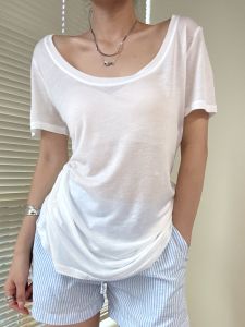 Loose Lightweight Short Sleeve U-Neck T-Shirt Womens Summer Outerwear Sun Protection Cover up Cotton Blend Casual Top