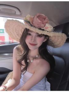 French Countryside Floral Woven Raffia Straw Hat Women Summer Beach Vacation Photography Ambient Sunshade Hat round Top Large Brim