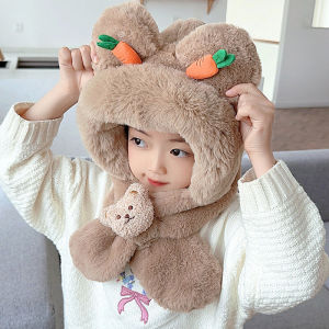 Autumn Winter New Style Childrens Two-In-One Fleece Hat Scarf Integrated Thickened Baby Cartoon Ear Protection Overhead Cap