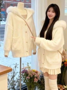 XIYUQI | Cozy Casual Style White Faux Fur Hooded Knit Cardigan