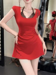 Ancient Capital Love K-style High Waist Short Princess Dress Red Lace Detailing Sweet and Spicy Neckline Summer Wear for Women