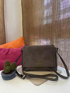 Preloved authentic KSpade Lewis Drive Michela suede crossbody bag feat a luxurious grey suede finish and gold-tone hardware